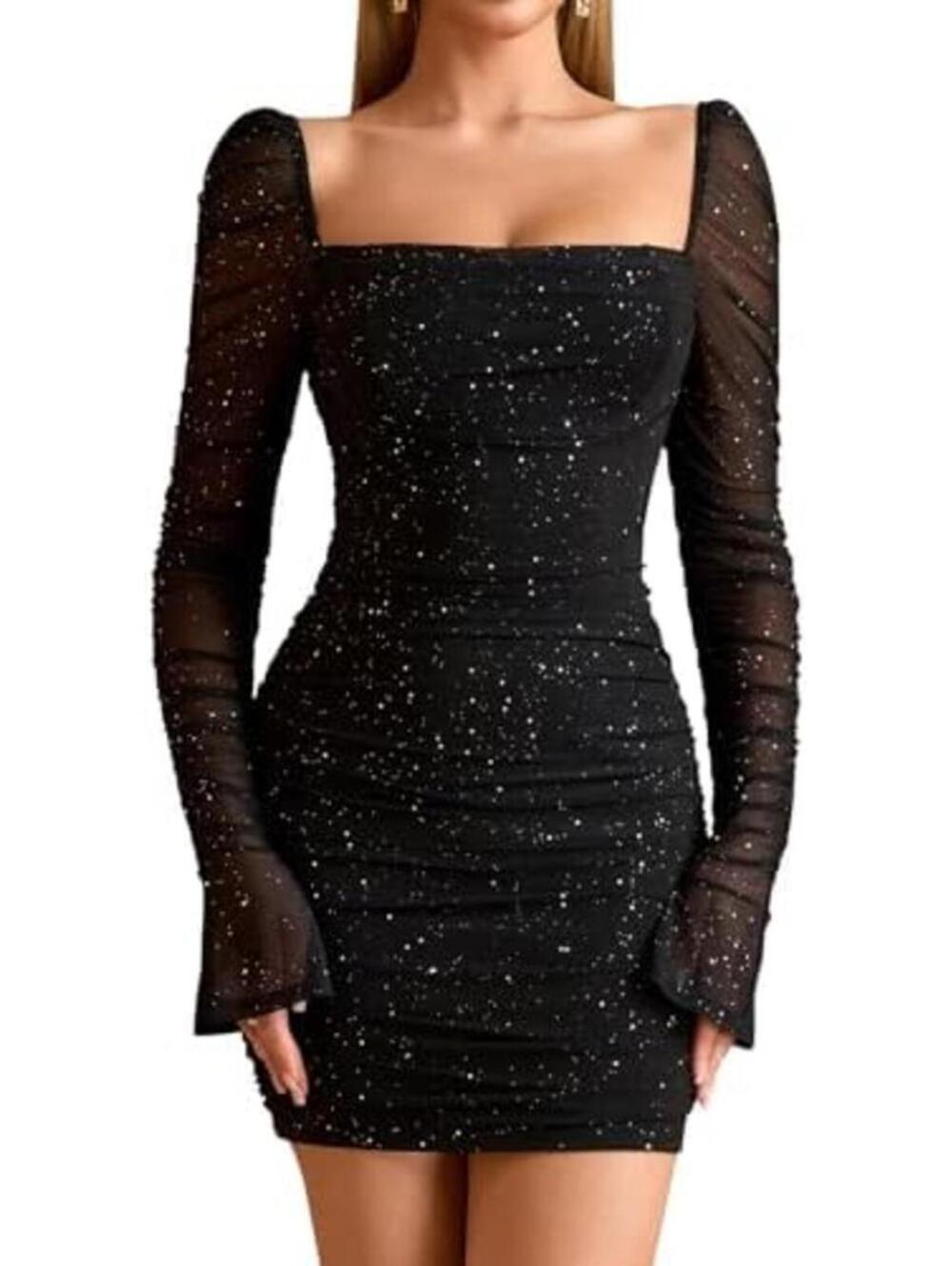 Mxrag Women's Black Sparkle Long Sleeve Bodycon Mini Dress,chic,ellegant Size S - Picture 1 of 16